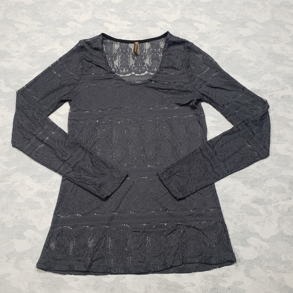 Stetson Tops - Stetson Top Womens Large Gray Lace Sheer Long Sleeve Sheer